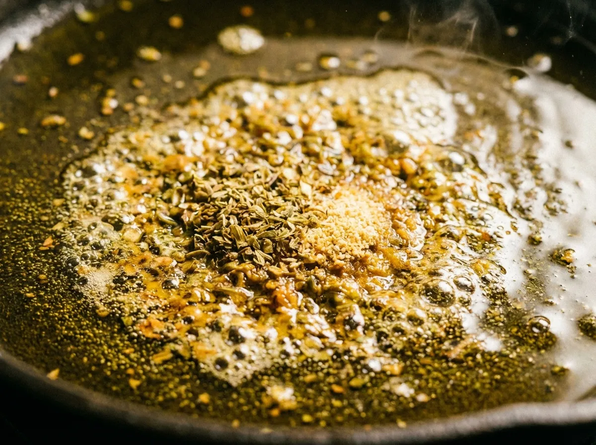 Close-up of dried spices sizzling in golden olive oil in a pan.