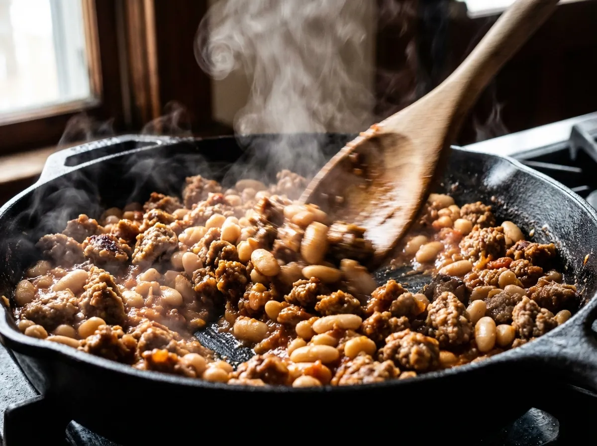 Browning ground sausage mixed with white cannellini beans in a cast iron skillet.