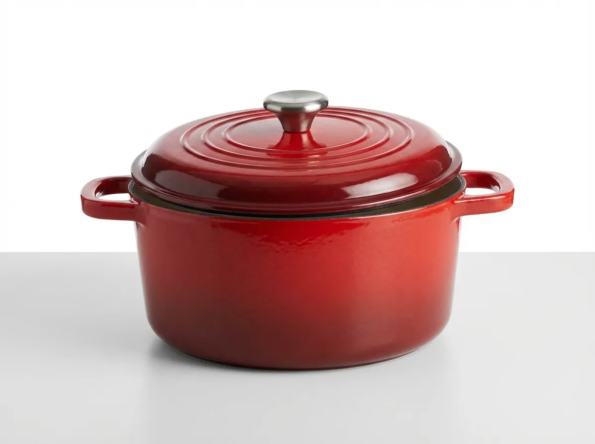 A heavy red enameled Dutch oven sitting on a stovetop.