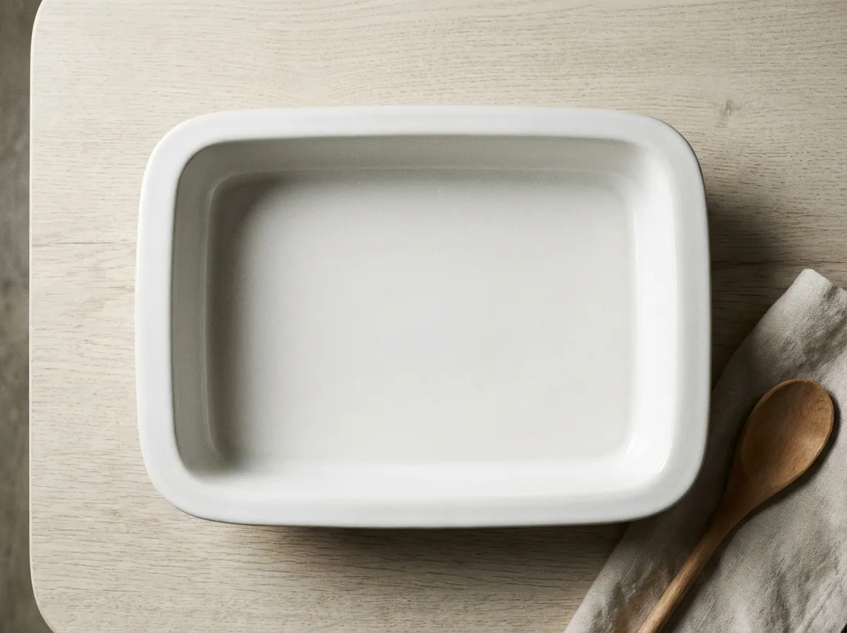 An empty white ceramic 9x13 baking dish on a clean kitchen counter.