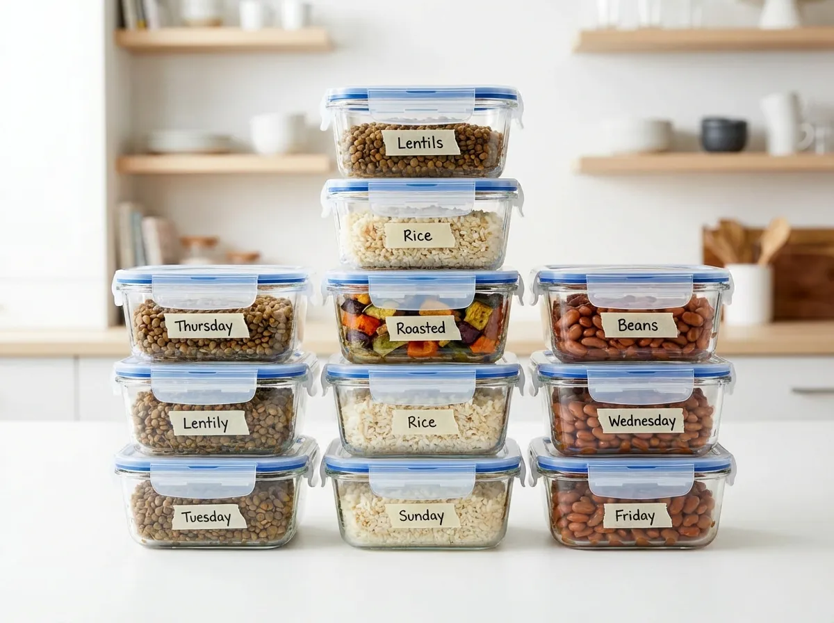 A neat stack of glass food storage containers with locking lids.