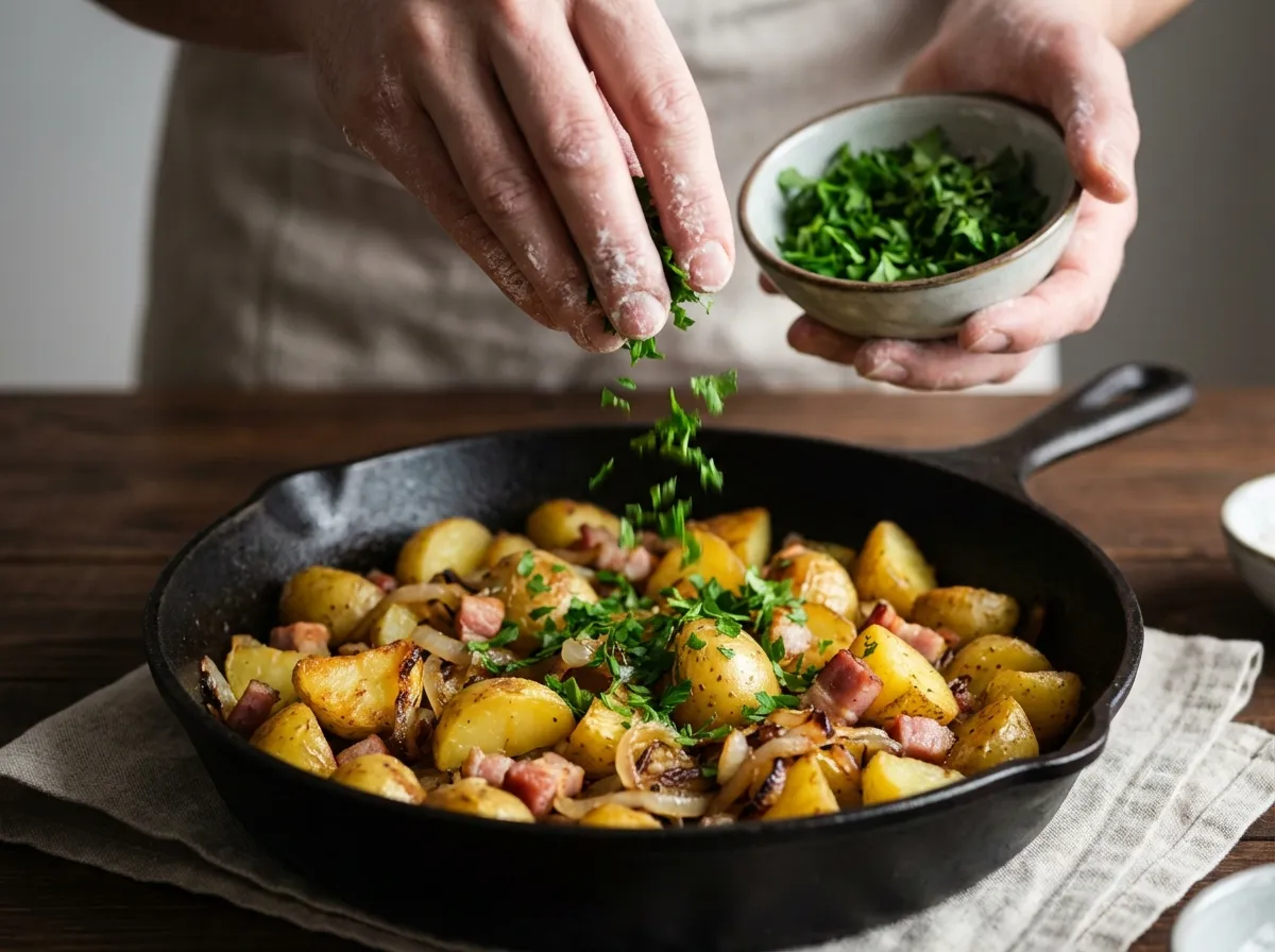 Hands sprinkling fresh chopped parsley over a skillet of sausage and potatoes.
