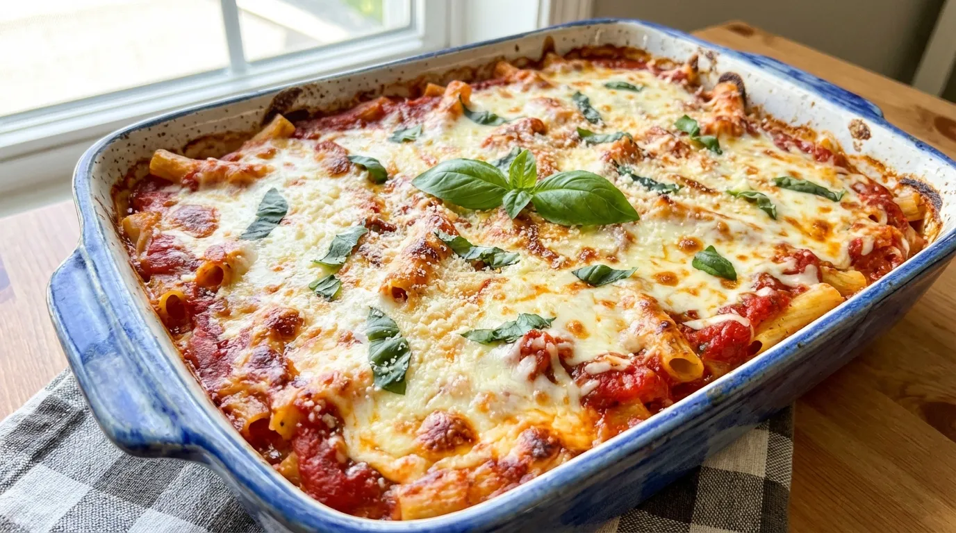Close-up macro shot of a cheesy baked ziti casserole with bubbling golden-brown mozzarella, rich red tomato sauce, and visible ridges of al dente pasta.
