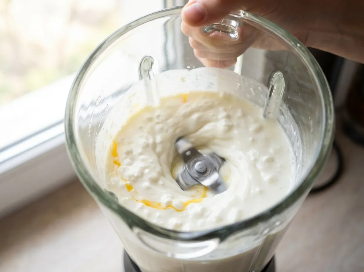 A high-speed blender containing a perfectly smooth, creamy white mixture of cottage cheese and egg, mimicking the texture of ricotta.