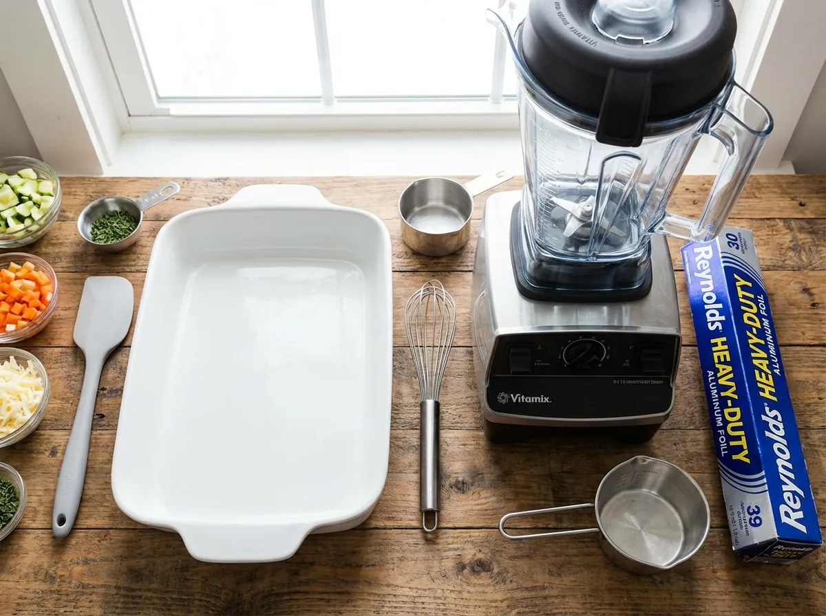 A clean kitchen counter layout featuring a heavy ceramic 9x13 baking dish, a high-speed blender, and a roll of heavy-duty aluminum foil.