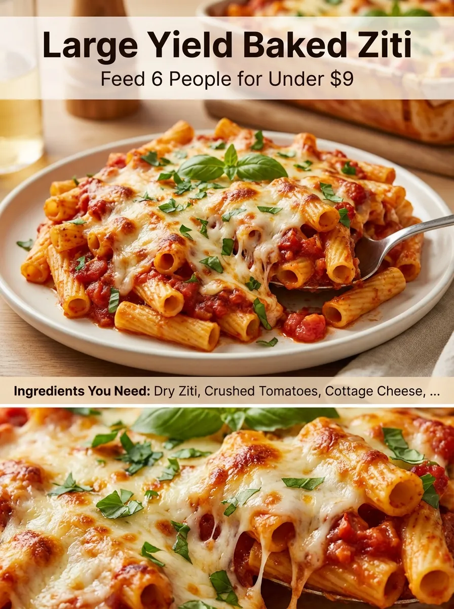 Pinterest pin for Large Yield Baked Ziti Casserole showing a plated serving and a list of budget ingredients.