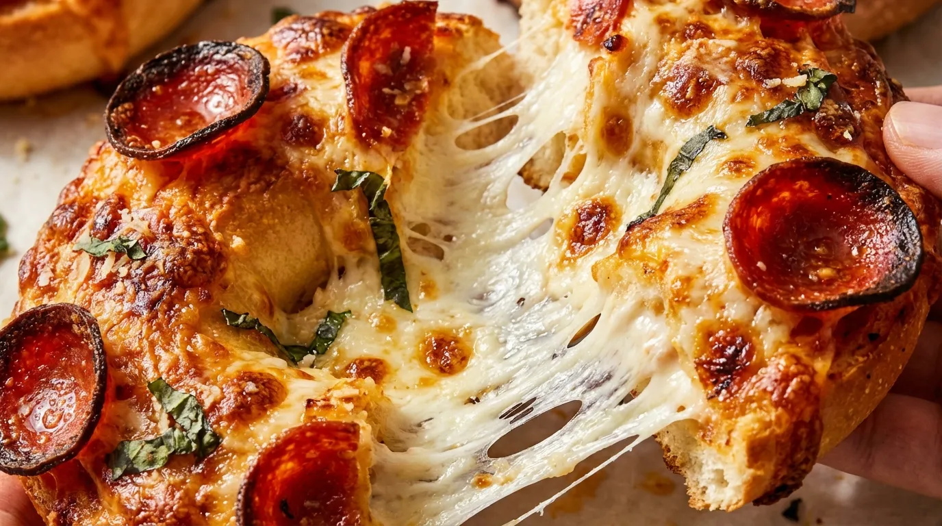 Extreme close-up of a crispy air fryer pizza bagel with bubbling golden mozzarella and charred pepperoni.