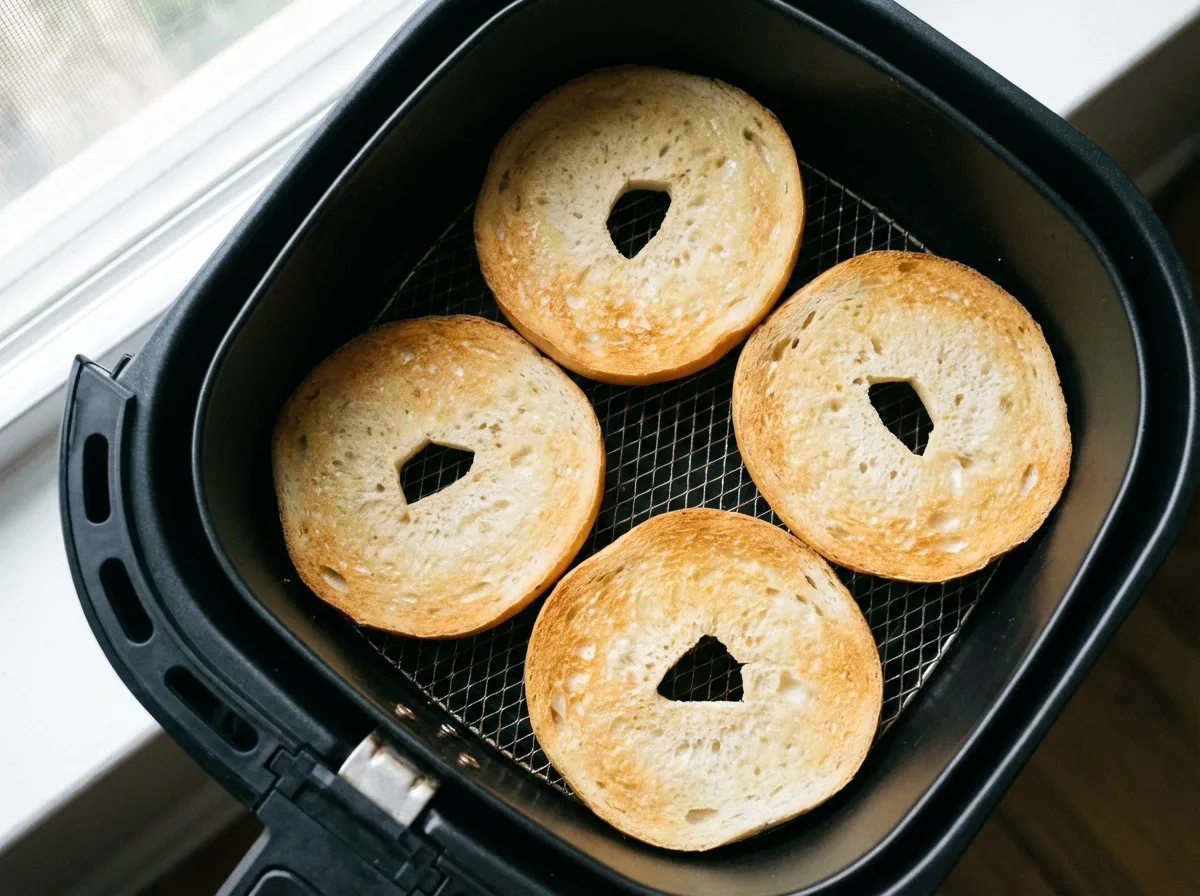 Bare bagel halves inside an air fryer basket being pre-toasted to prevent sogginess.