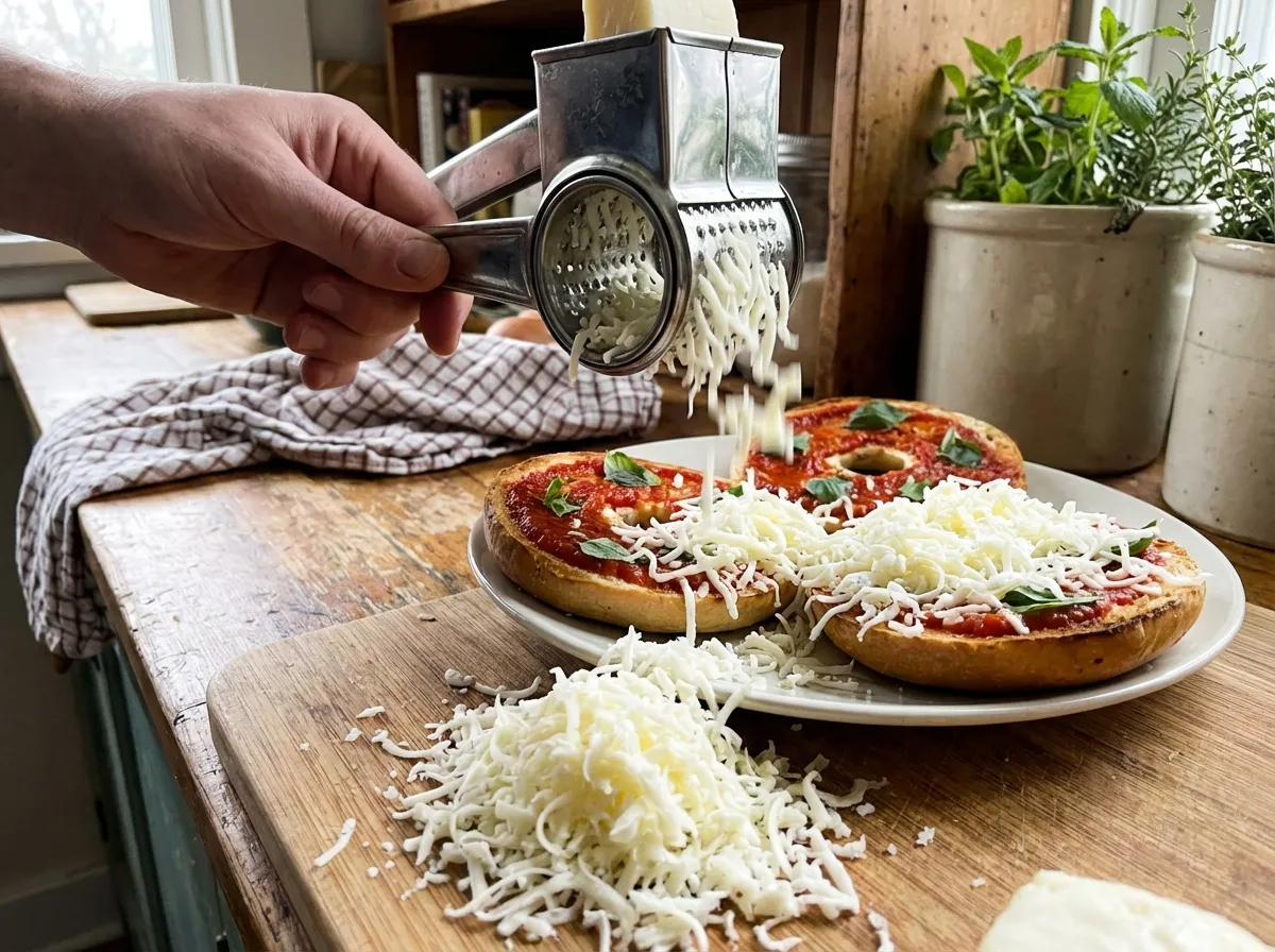 Fresh mozzarella being shredded with a rotary grater over sauced bagel halves.