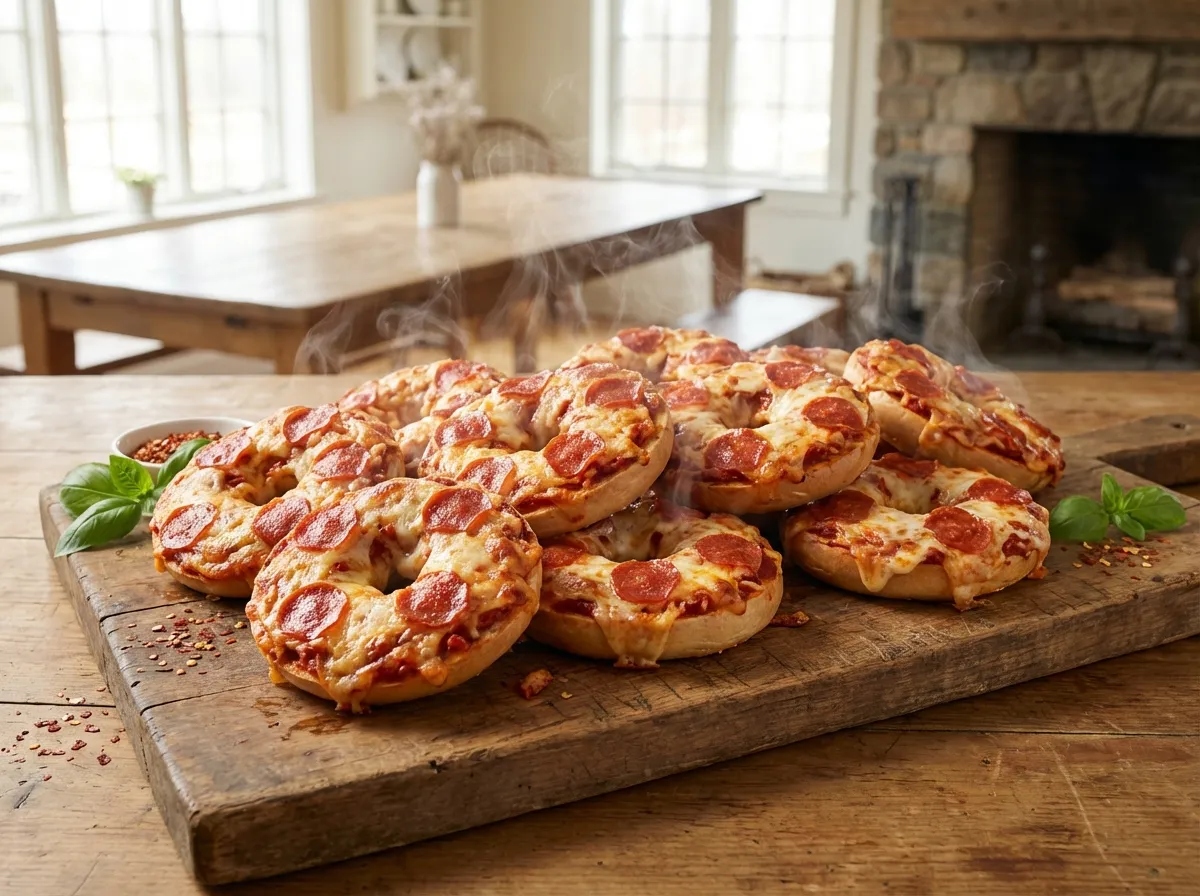 A large wooden platter filled with 12 massive air fryer pizza bagel halves, showcasing high yield for low cost.