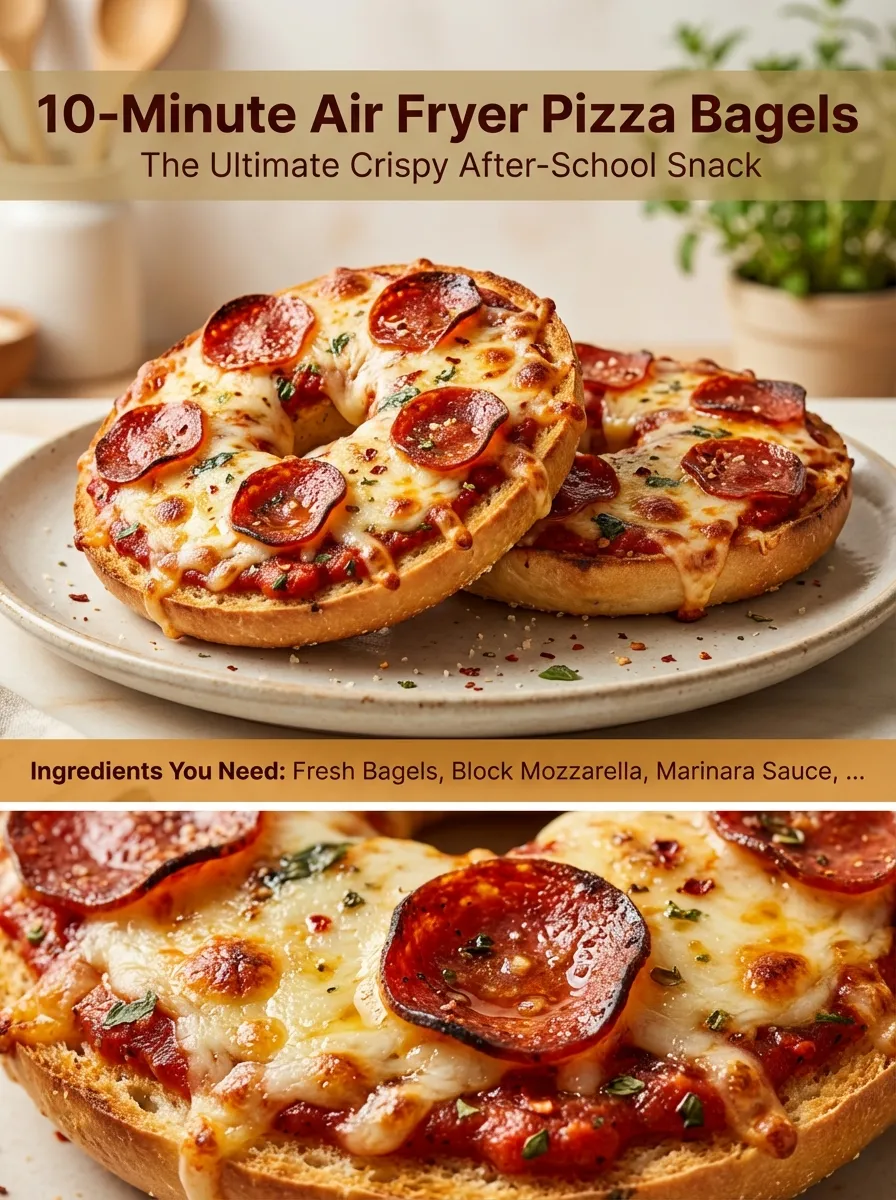 Pinterest pin for 10-Minute Air Fryer Pizza Bagels showing ingredients and the finished crispy snack.