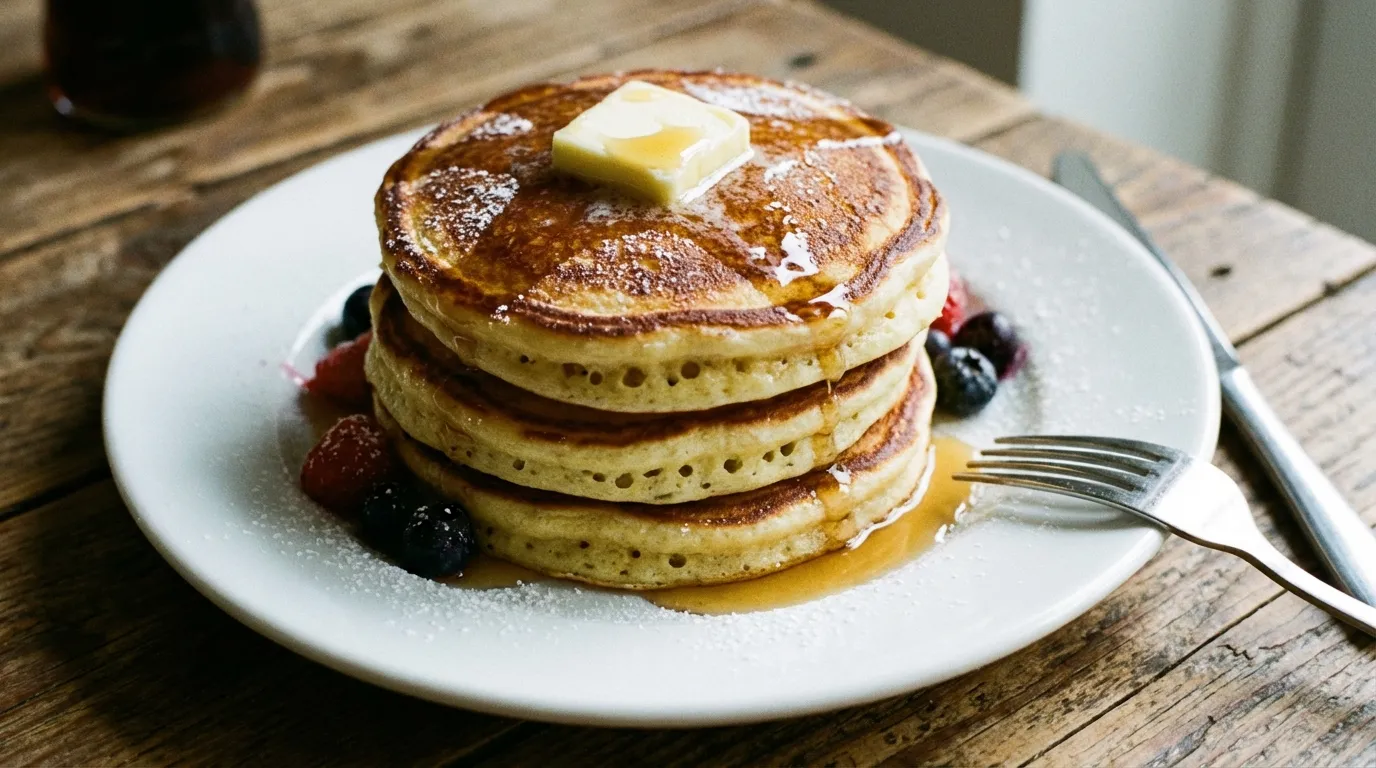 Extreme close-up of a stack of thick, 1-inch diner-style pancakes with melting butter and golden edges.