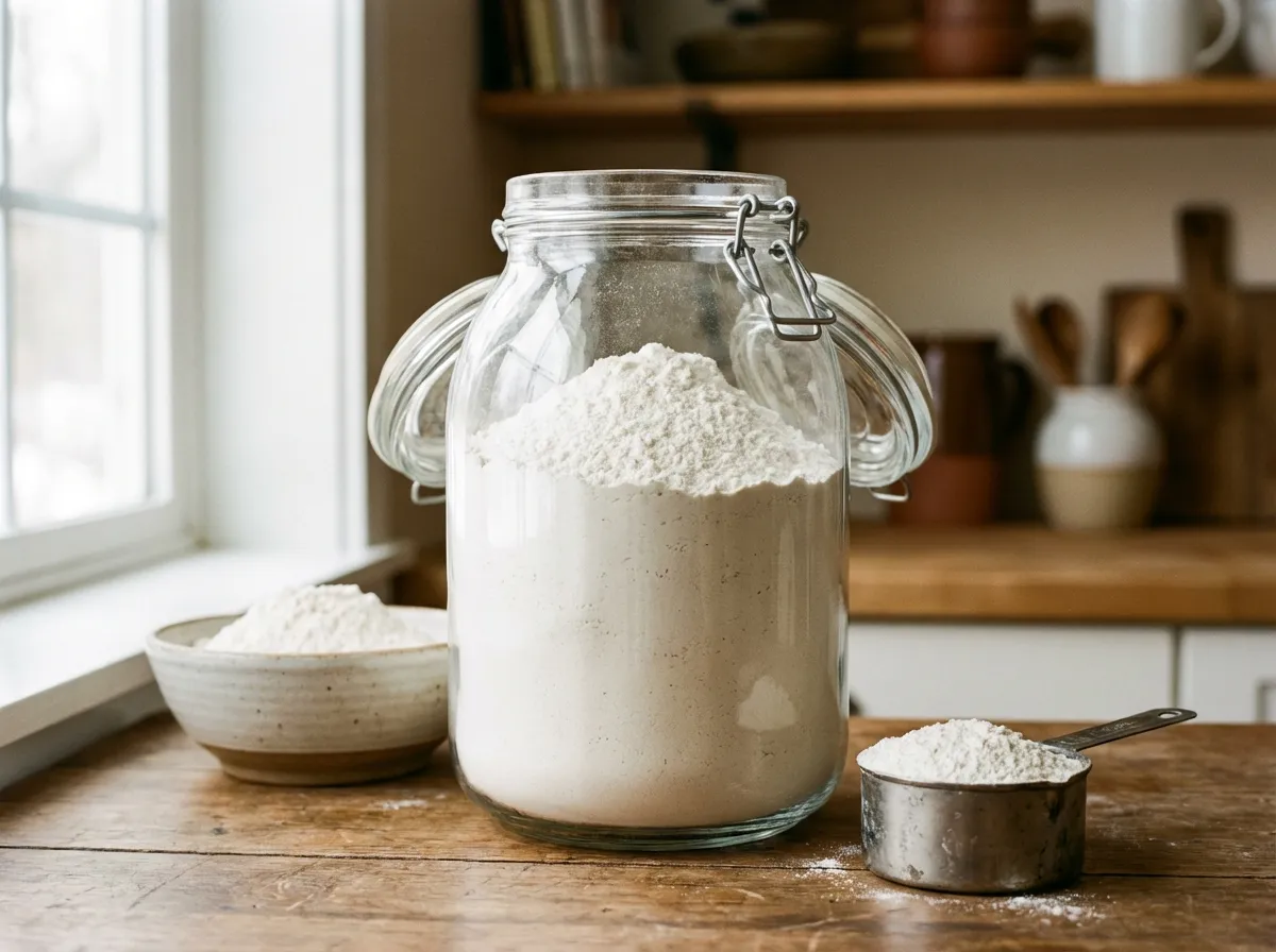 A large 1-gallon glass hermetic jar filled with white homemade pancake mix on a clean wooden pantry shelf.