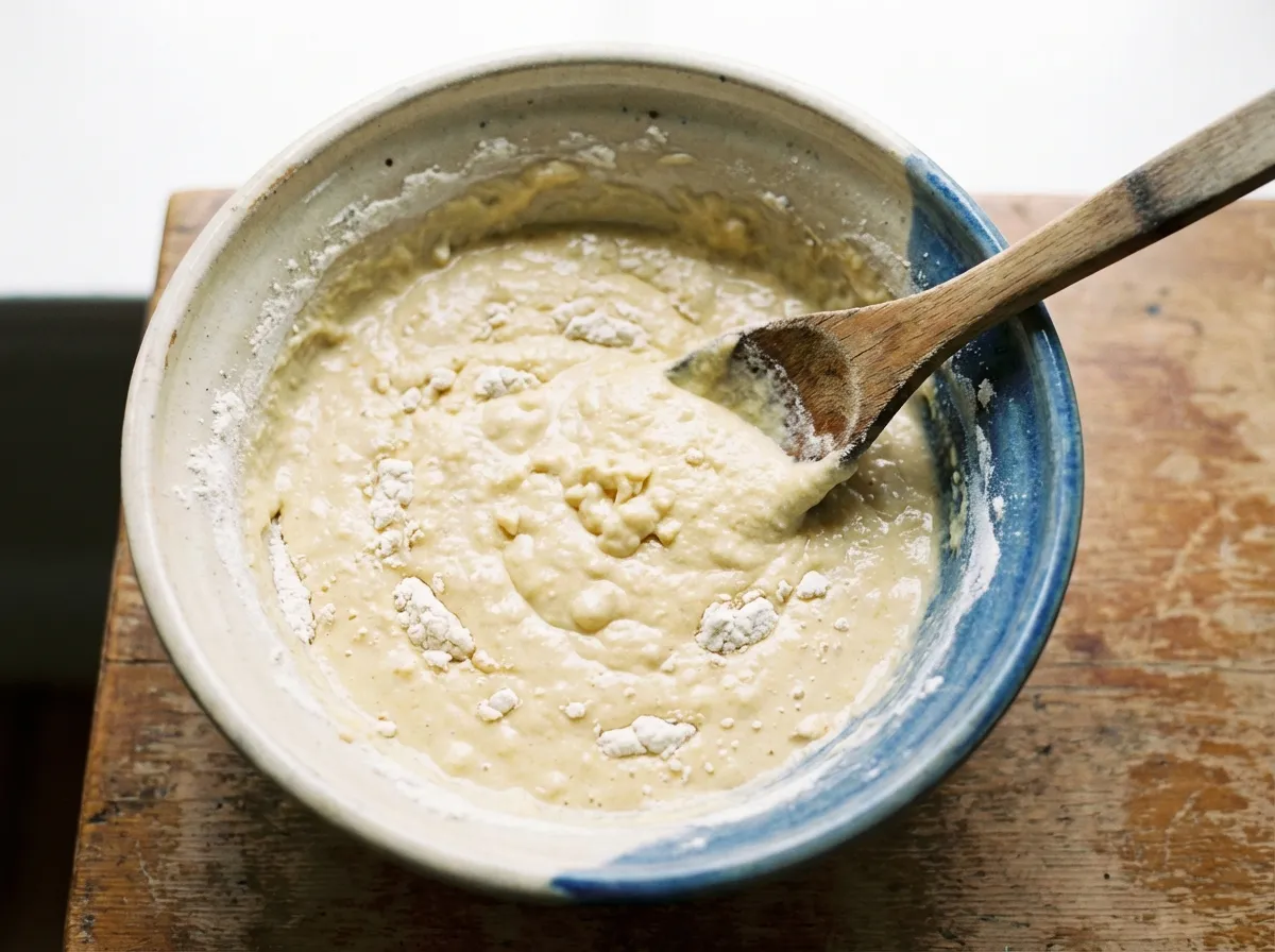 Close-up of pancake batter in a bowl showing visible lumps of dry flour as per the lumpy batter rule.