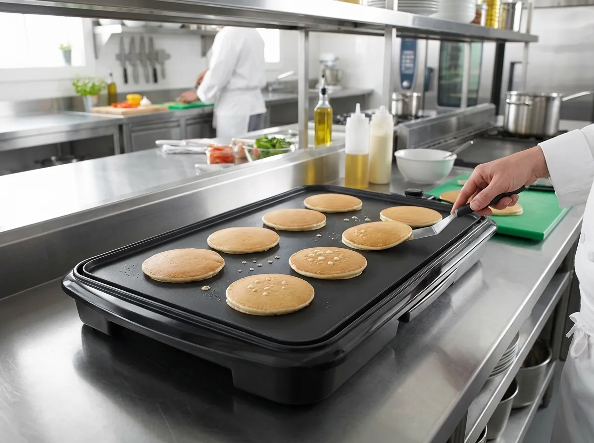 Eight pancakes cooking simultaneously on a large black electric griddle with bubbles forming on the surface.