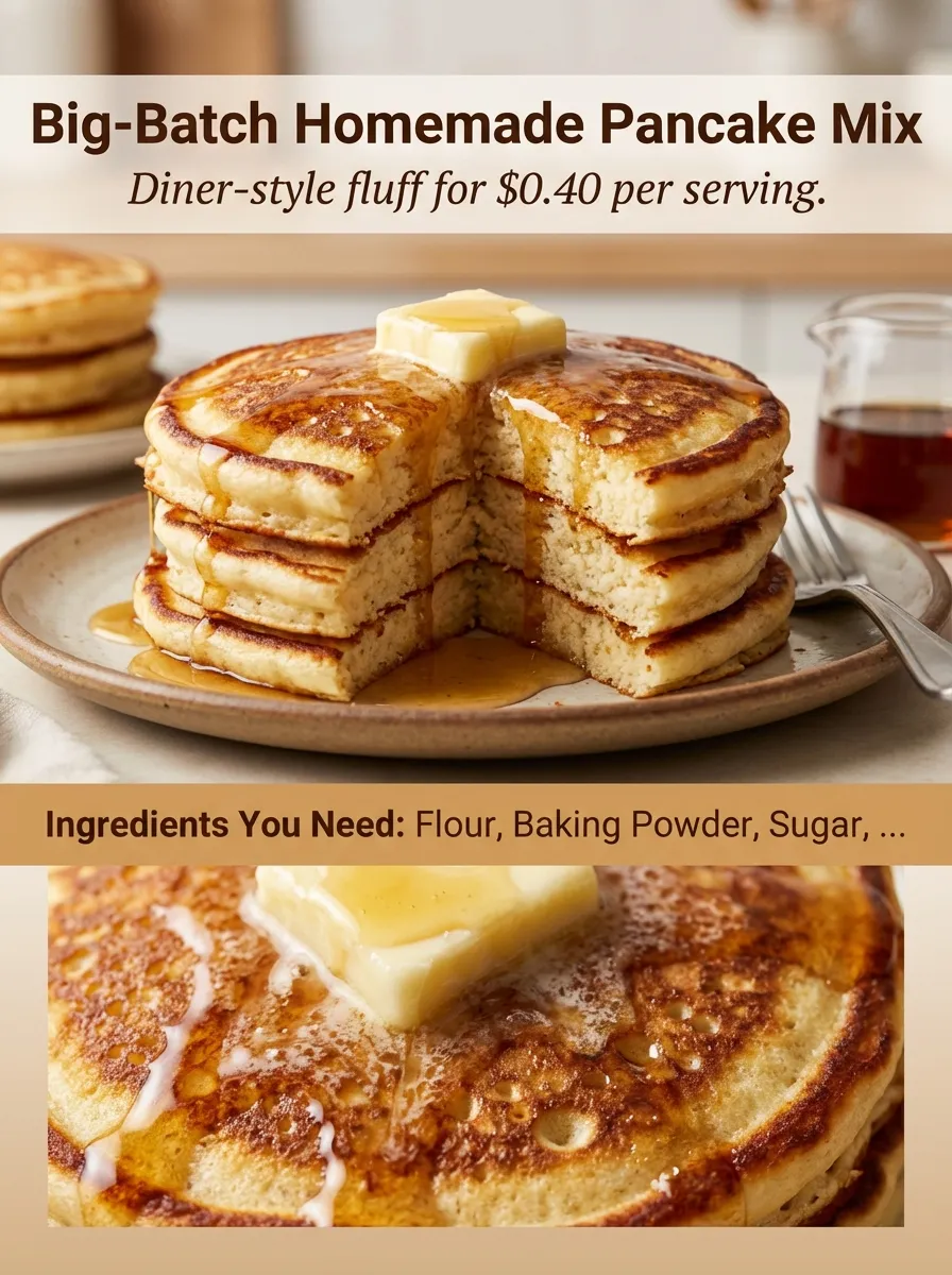 Pinterest pin for Big-Batch Homemade Pancake Mix showing fluffy pancakes and ingredient list.