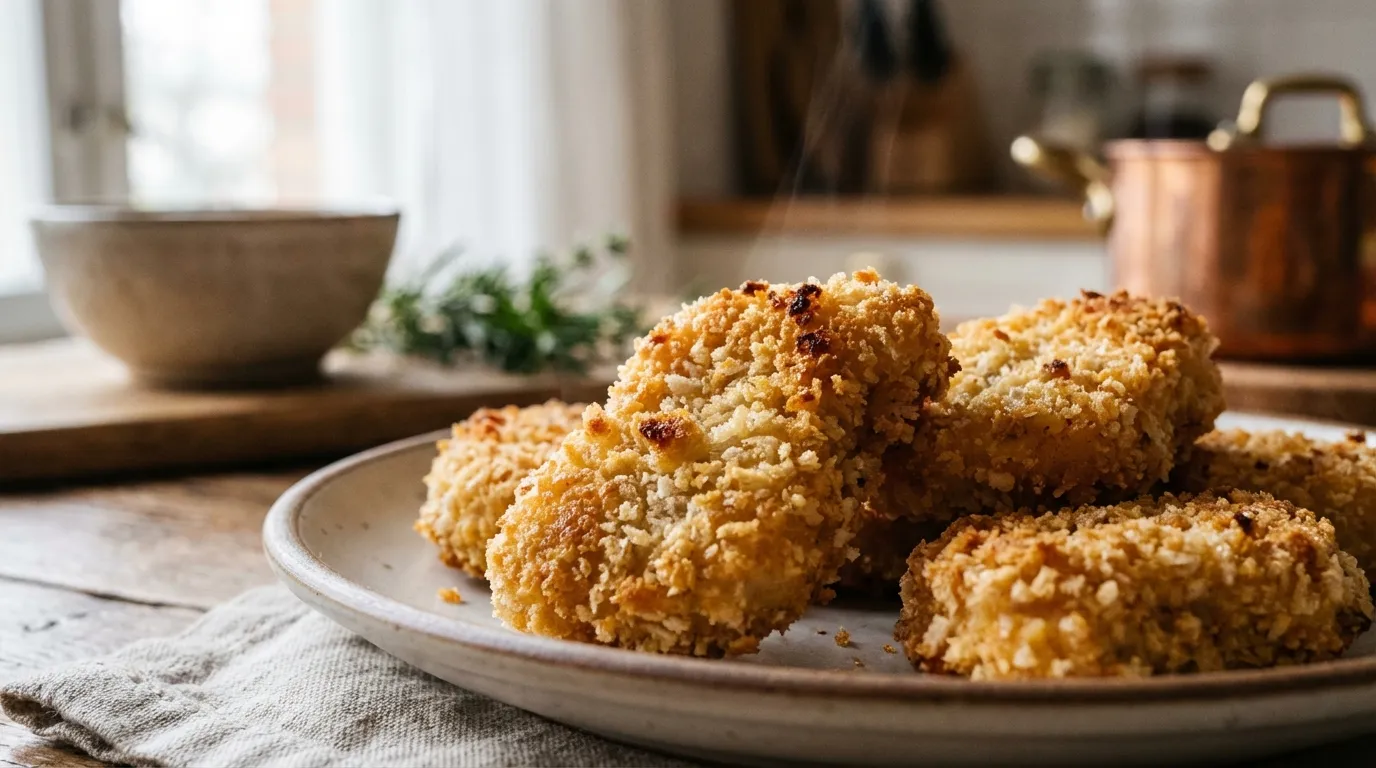 Extreme close-up of crispy golden-brown air fryer chicken nuggets with visible jagged panko texture on a light pastel plate.