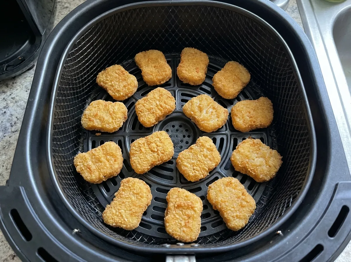 Breaded chicken nuggets arranged in a single, non-overlapping layer inside a large square air fryer basket.