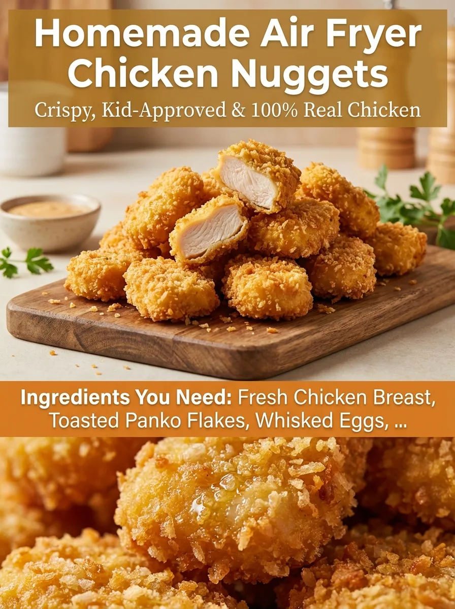 Pinterest pin for Homemade Air Fryer Chicken Nuggets featuring the finished dish and key ingredients.