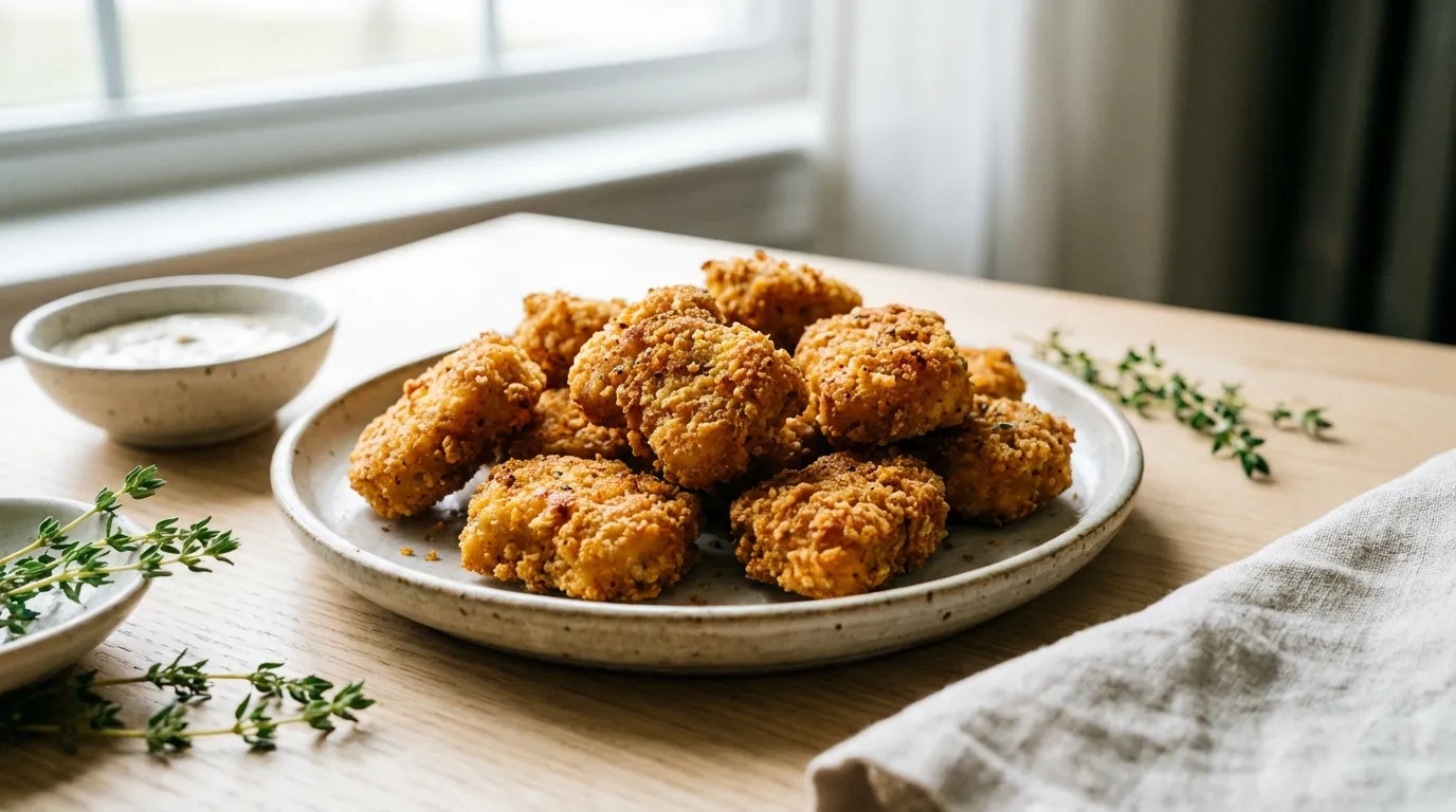 Close-up of golden brown homemade air fryer chicken nuggets with a crispy panko coating on a white plate.