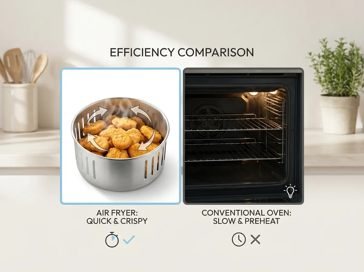 A conceptual side-by-side comparison showing a fast air fryer basket next to a slow conventional oven.