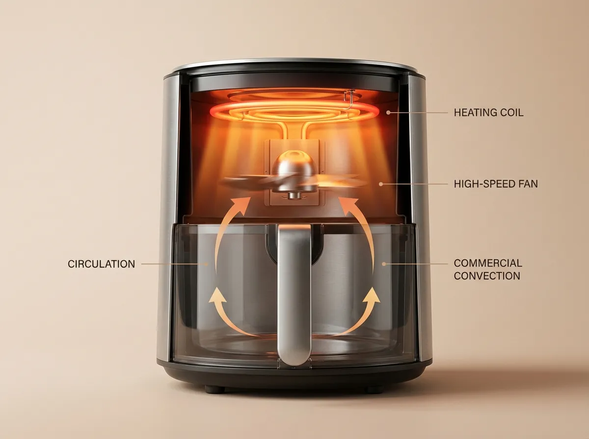 A stylized view of an air fryer heating element and fan blowing hot air over raw chicken.