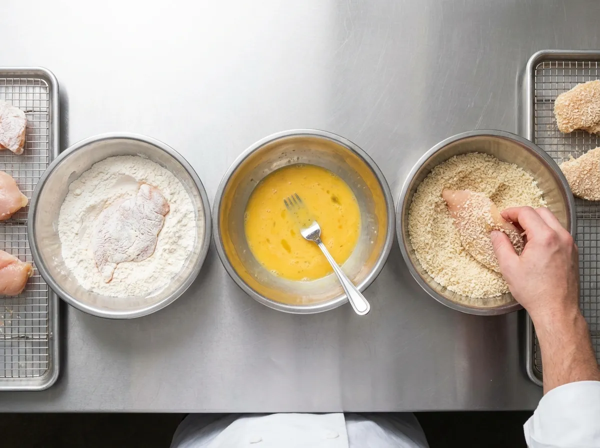 Close-up of fresh chicken breast chunks being coated in white panko breadcrumbs.
