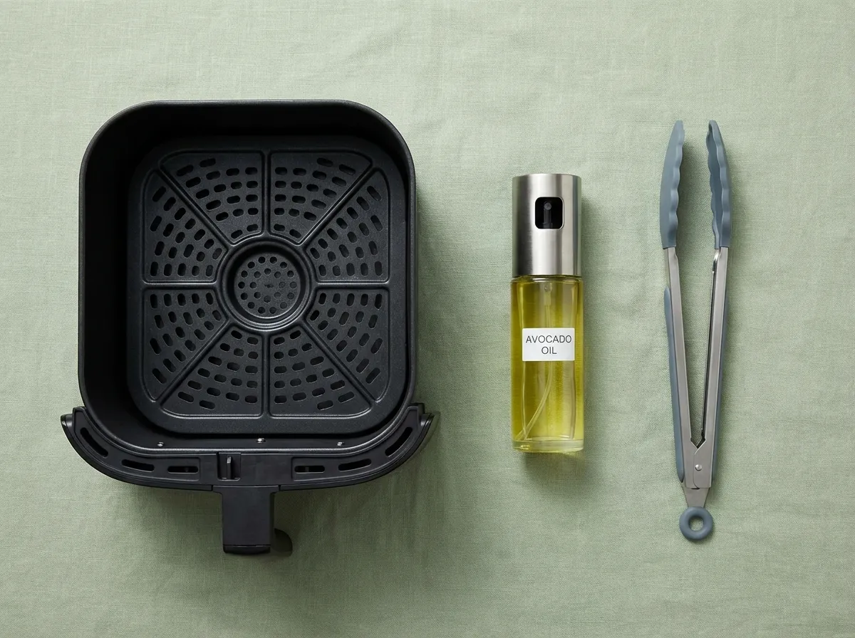 A 6-quart air fryer basket, a glass oil mister, and silicone-tipped tongs arranged on a marble countertop.