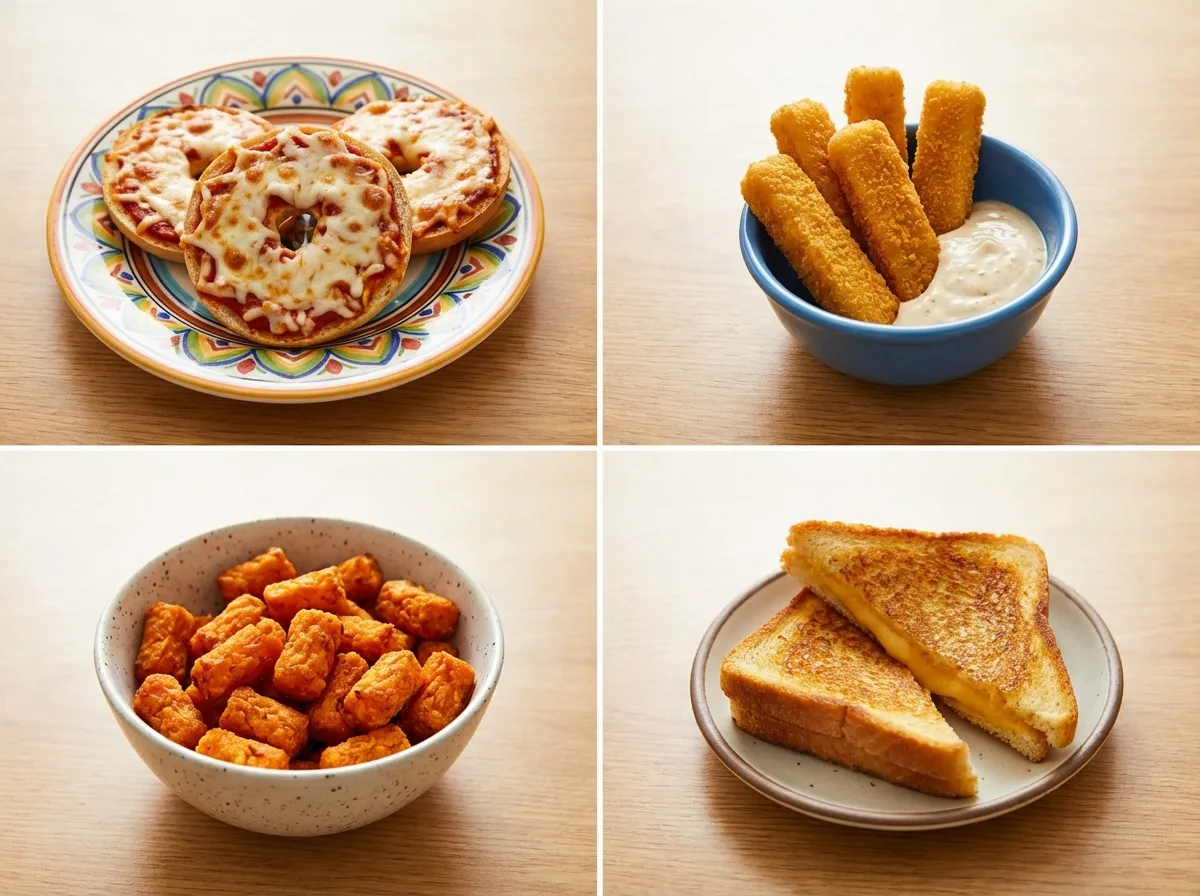 A spread of different air fryer meals including pizza bagels, fish sticks, and sweet potato tots.