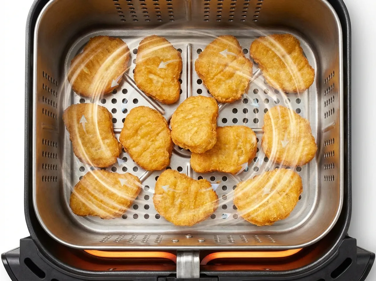 Top-down view of an air fryer basket showing chicken nuggets perfectly spaced in a single layer.