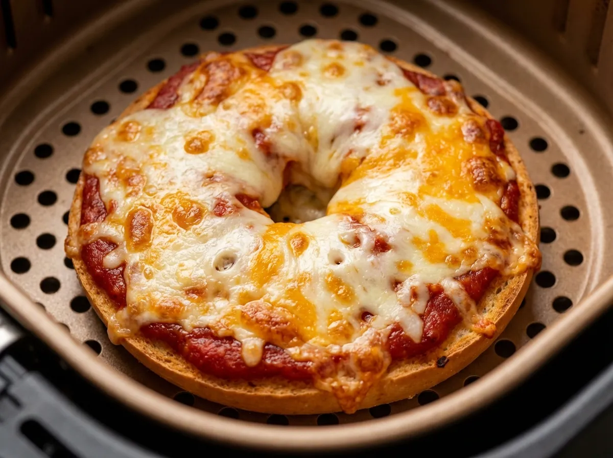 A close-up of an open-faced pizza bagel with melted cheese perfectly locked to the surface.