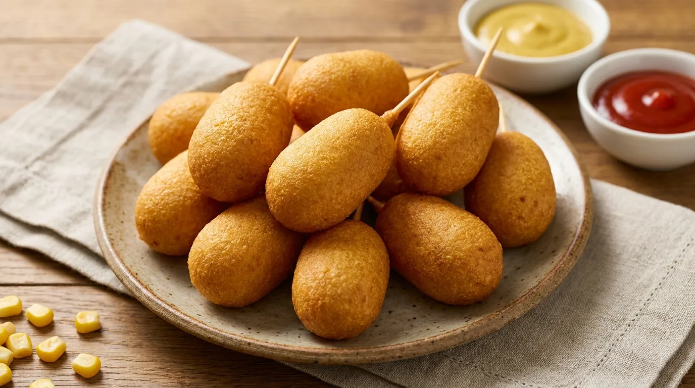 Close-up of golden-brown air fryer mini corn dogs with a fluffy pancake batter crust and visible cornmeal texture.