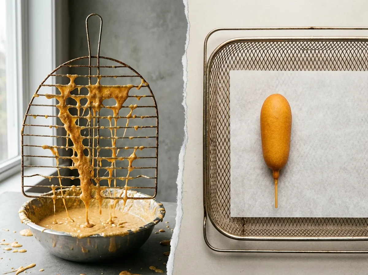 Visual comparison showing drippy wet batter vs the successful skillet-sealed corn dog technique.