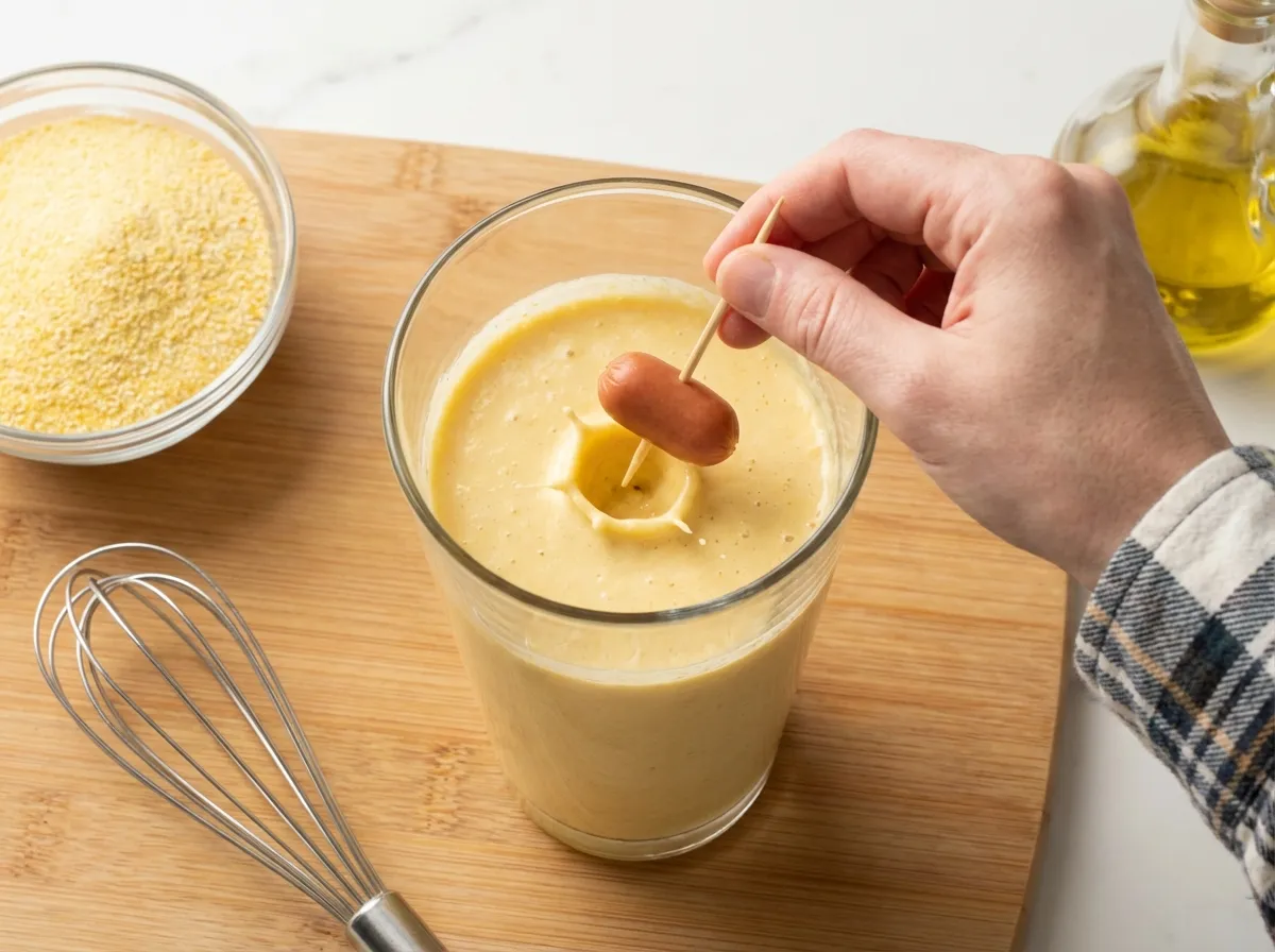 A mini hot dog on a toothpick being dipped vertically into a tall glass filled with thick pancake batter.