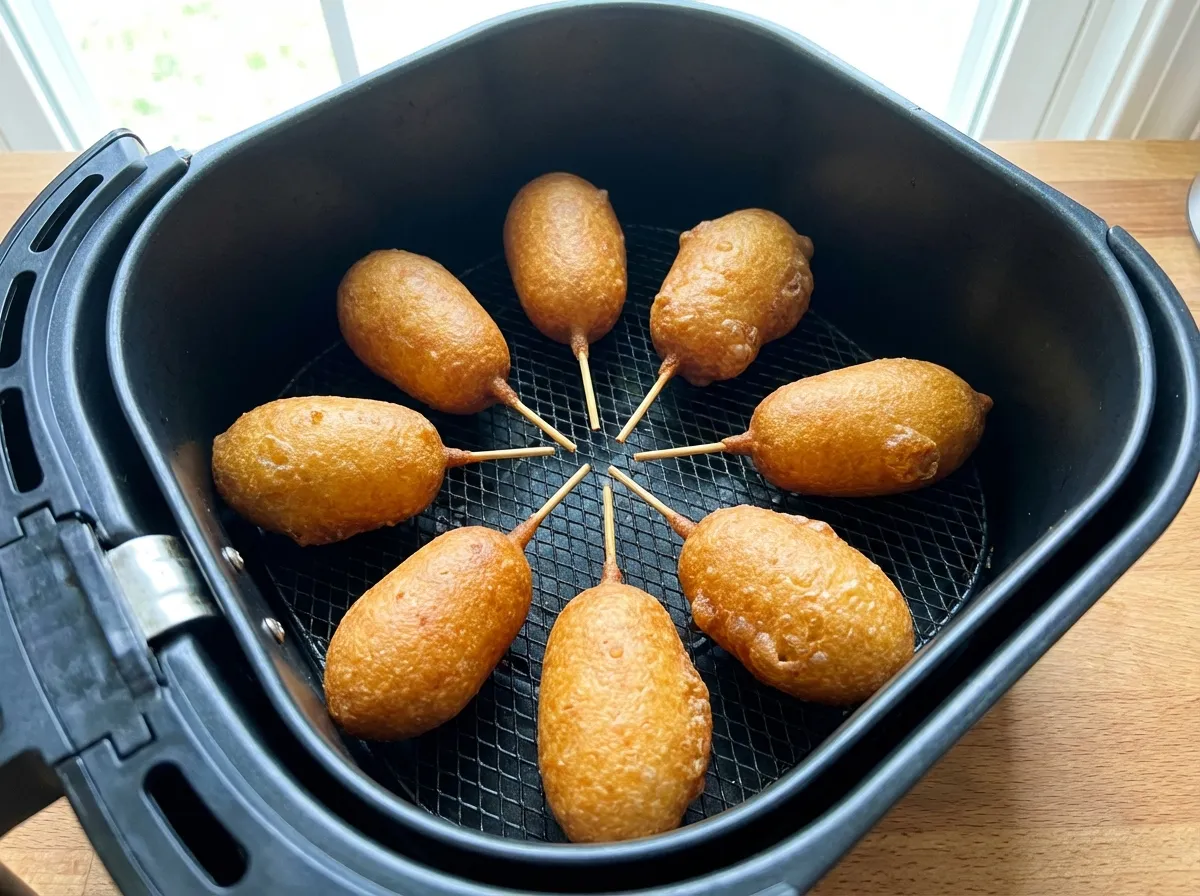 Mini corn dogs spaced out in a square air fryer basket after cooking, showing significant expansion.