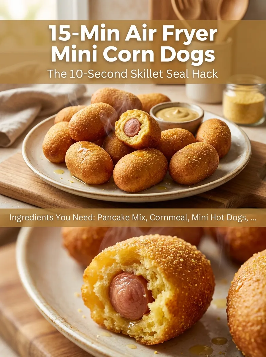 Pinterest pin for 15-Minute Air Fryer Mini Corn Dogs using pancake batter.