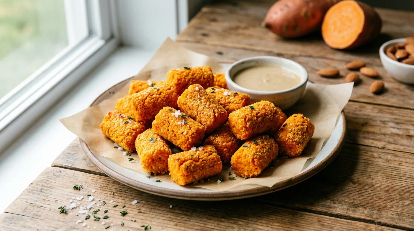 Close-up of golden-brown air fryer sweet potato tots with a crispy almond flour crust on a pastel-colored plate.