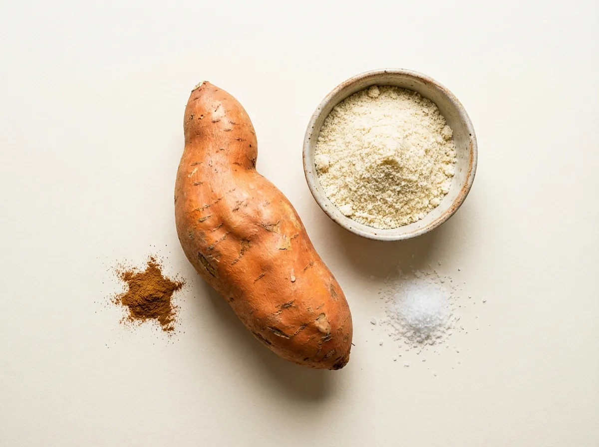 Overhead shot of raw sweet potato, a bowl of almond flour, cinnamon, and salt on a clean kitchen counter.