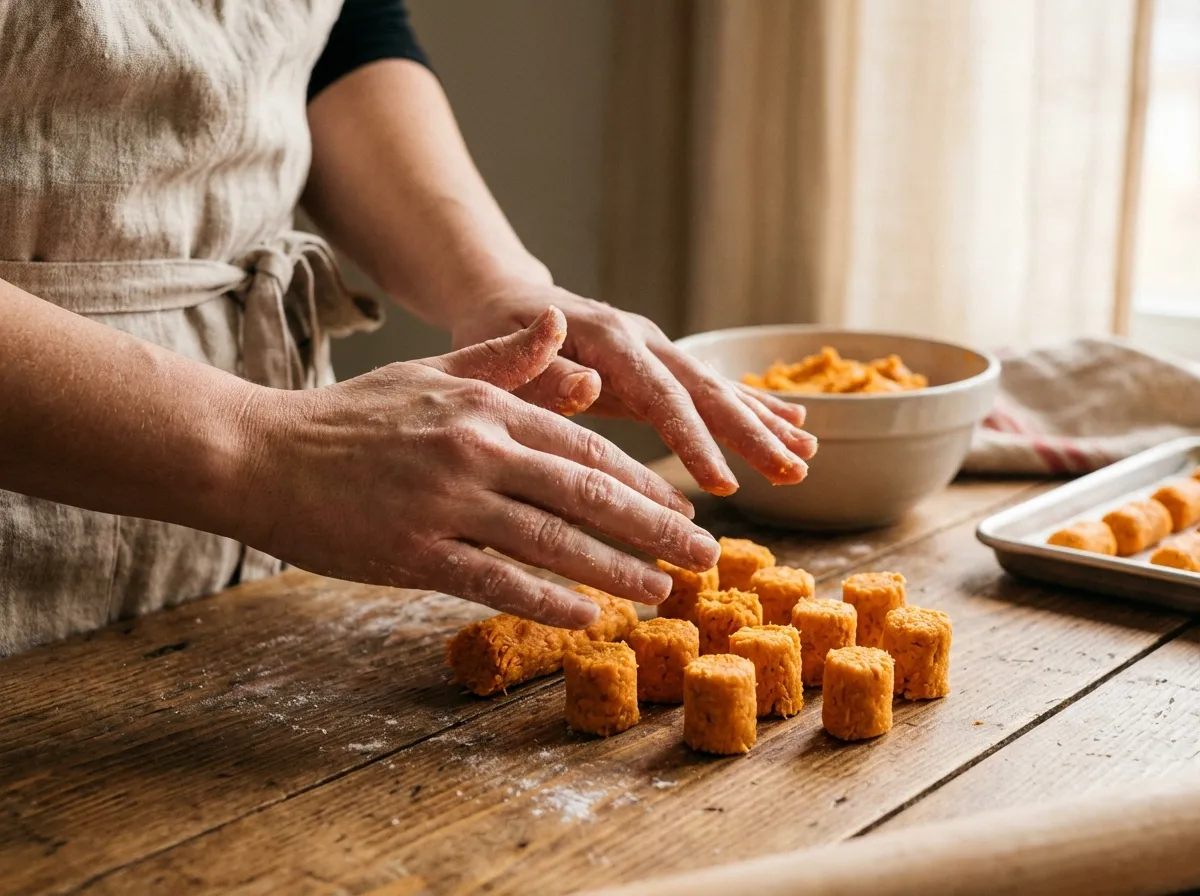 Close-up of hands shaping uniform 1-inch cylindrical sweet potato tots from a firm orange dough.