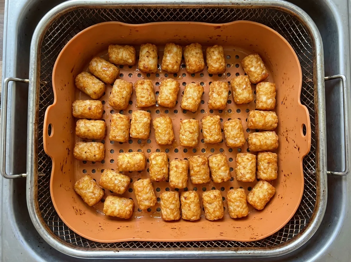A single layer of sweet potato tots inside a 6-quart air fryer basket with a silicone liner.