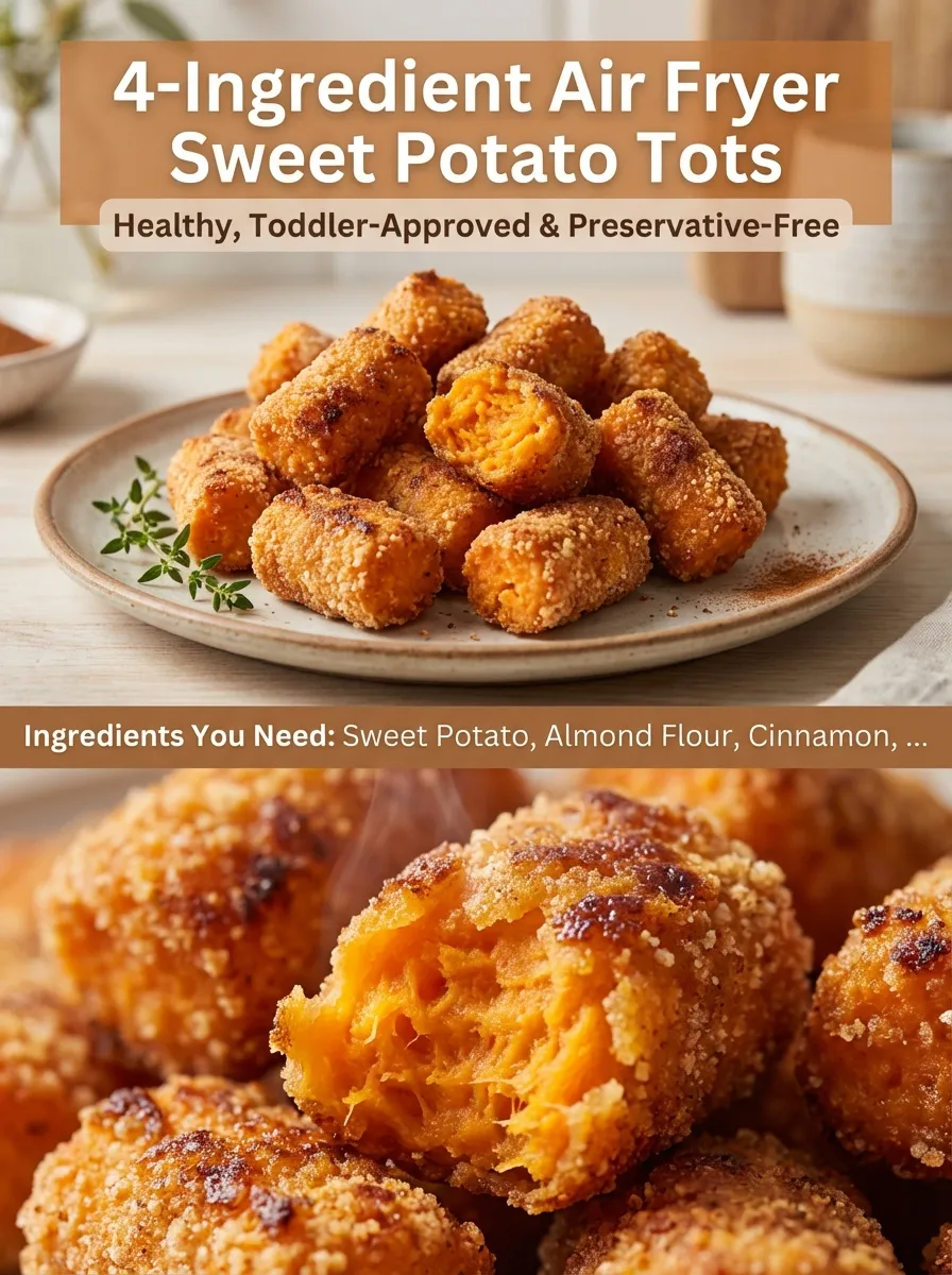 Pinterest recipe pin for 4-ingredient air fryer sweet potato tots with ingredients and text overlay.