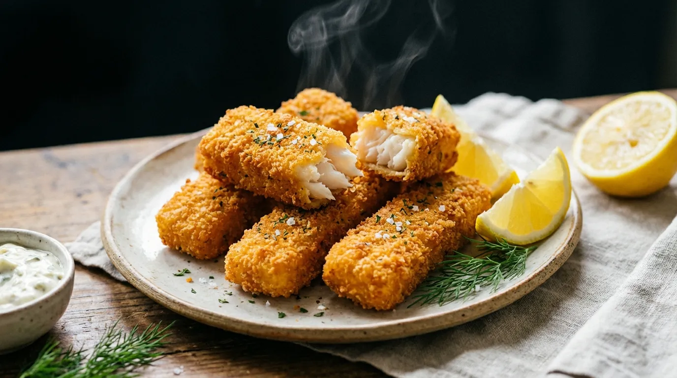 Close-up of crispy air fryer fish sticks made with real cod loin, showing golden panko texture and flaky white fish.