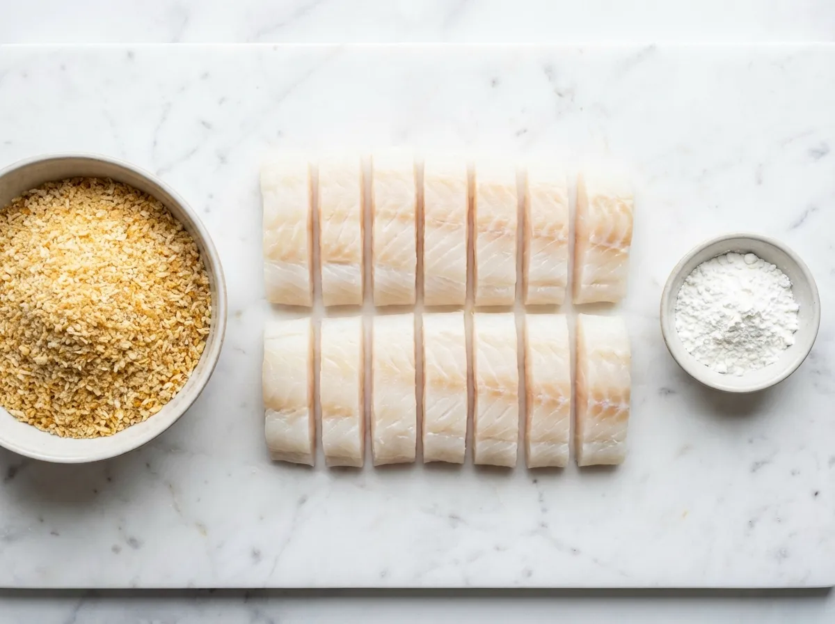 Fresh wild-caught cod loin cut into uniform strips next to a bowl of toasted golden panko breadcrumbs.