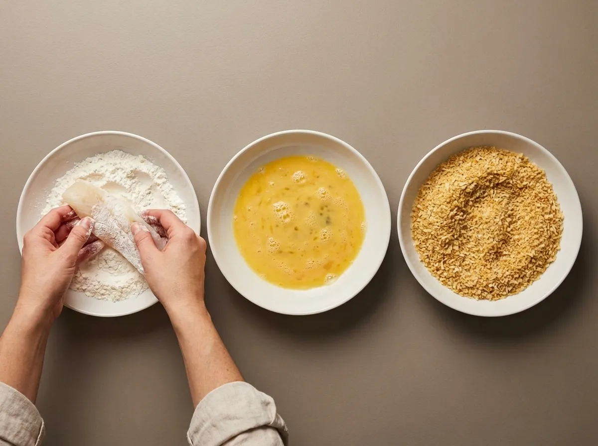 Step-by-step breading station showing cod strips being dredged in cornstarch, egg wash, and panko.