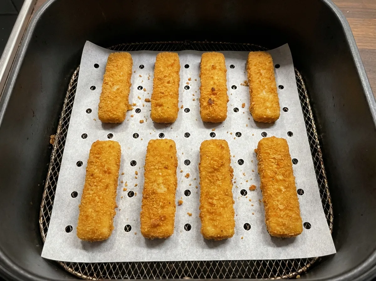 Breaded fish sticks arranged in a single layer on perforated parchment paper inside an air fryer basket.