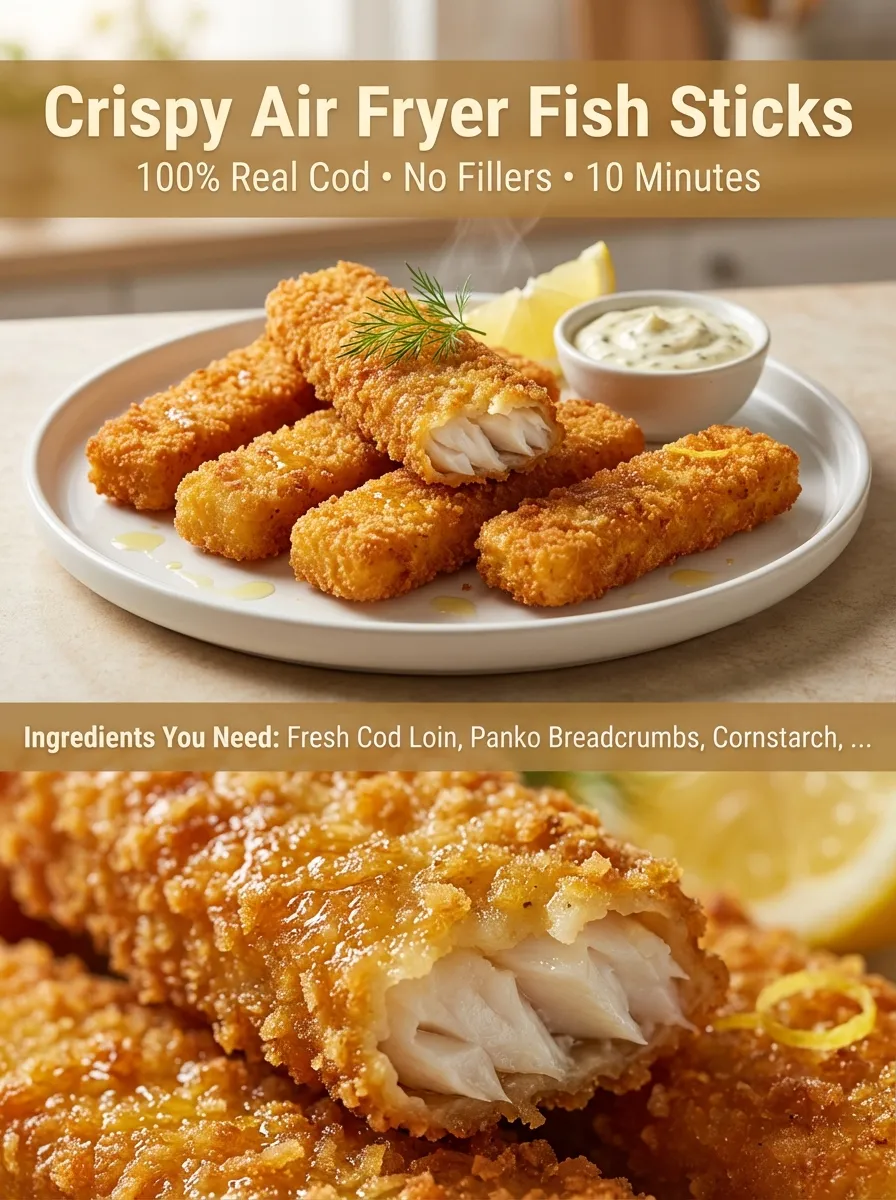 Pinterest pin for Crispy Air Fryer Fish Sticks with recipe title and ingredient highlights.