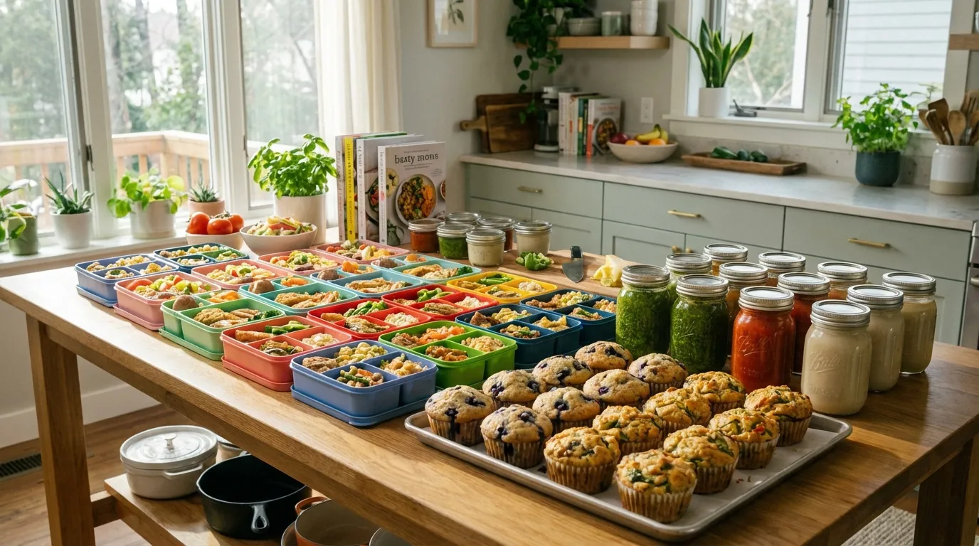 A vibrant spread of prepped school lunches, golden oat muffins, and mason jar salads on a clean kitchen counter.