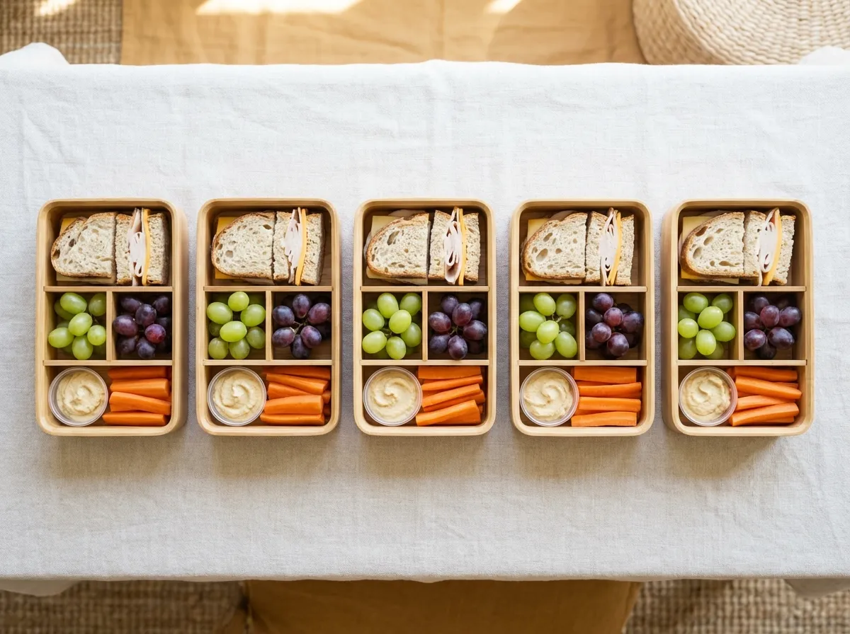Five identical bento boxes lined up on a counter being filled with turkey sandwiches and fruit in an assembly line fashion.