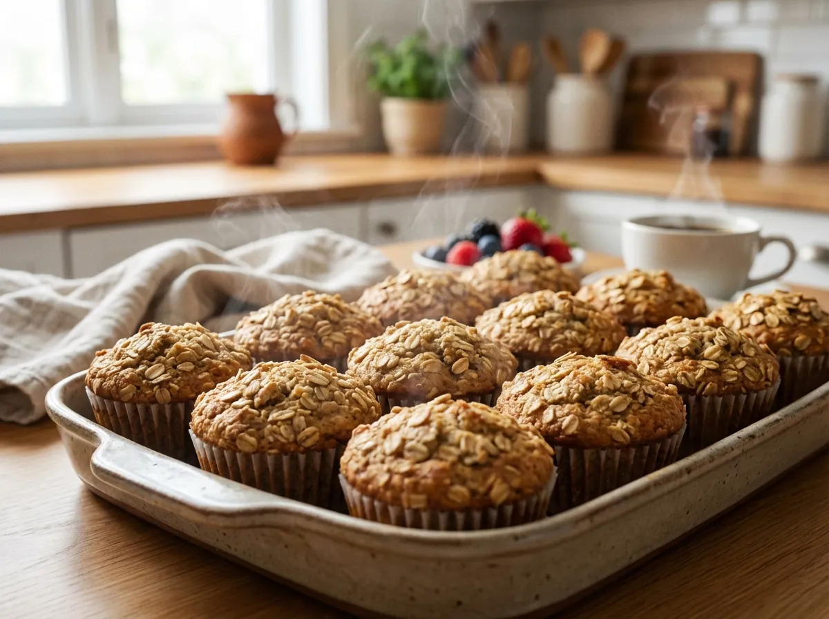 Close-up of a tray of freshly baked golden-brown oat muffins sitting on a wire cooling rack.