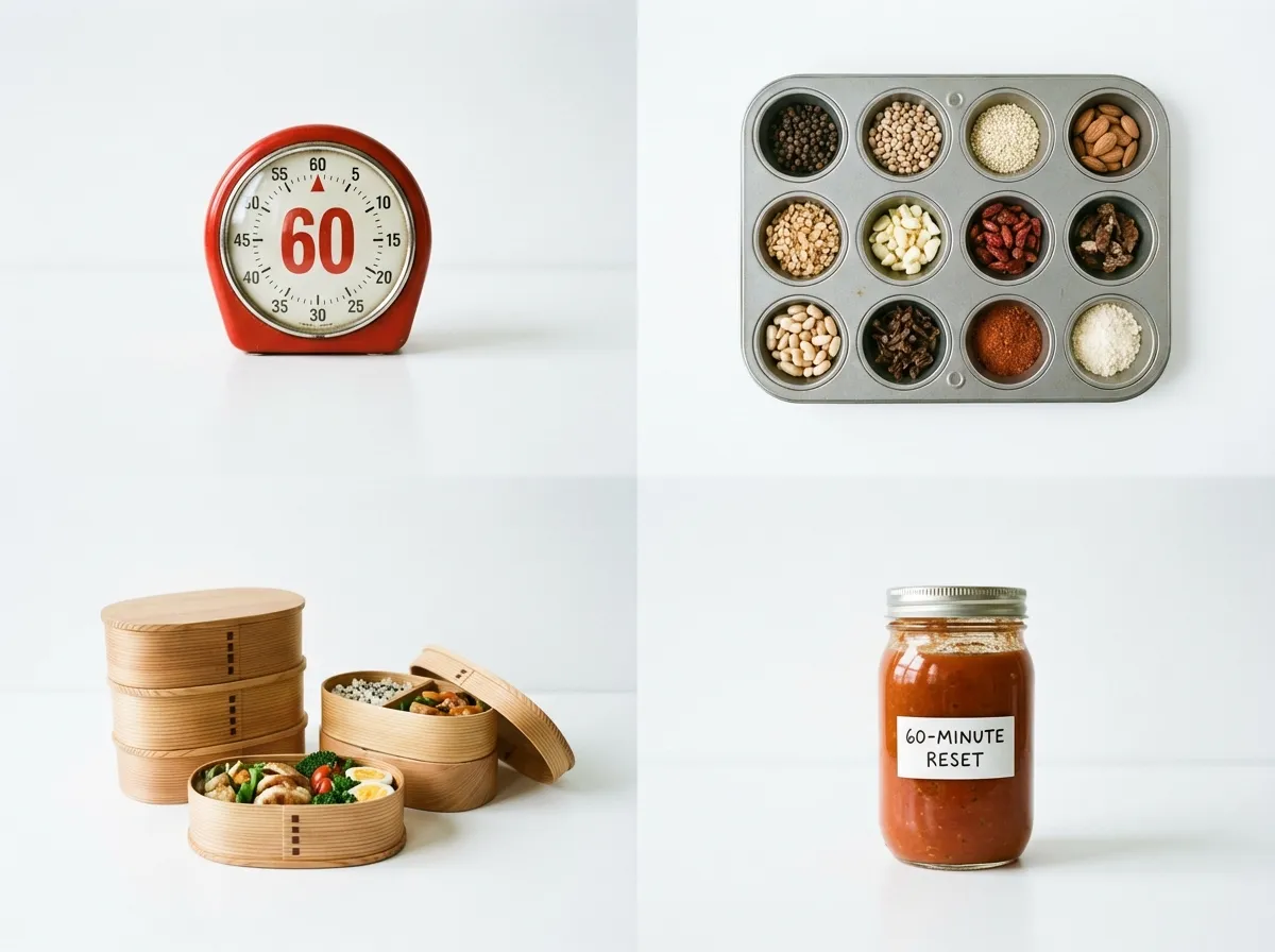 A conceptual overhead shot showing a kitchen timer, a mixing bowl, bento boxes, and a simmering pot to represent the 60-minute workflow.